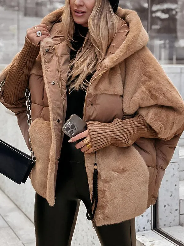 Women's Water-Repellent Quilted Hooded Winter Coat with Wind Flap in Brown