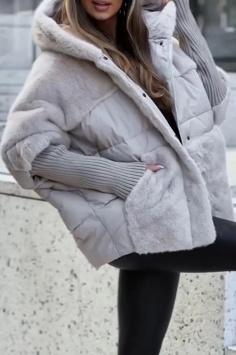 Women's Water-Repellent Quilted Hooded Winter Coat with Wind Flap in Gray