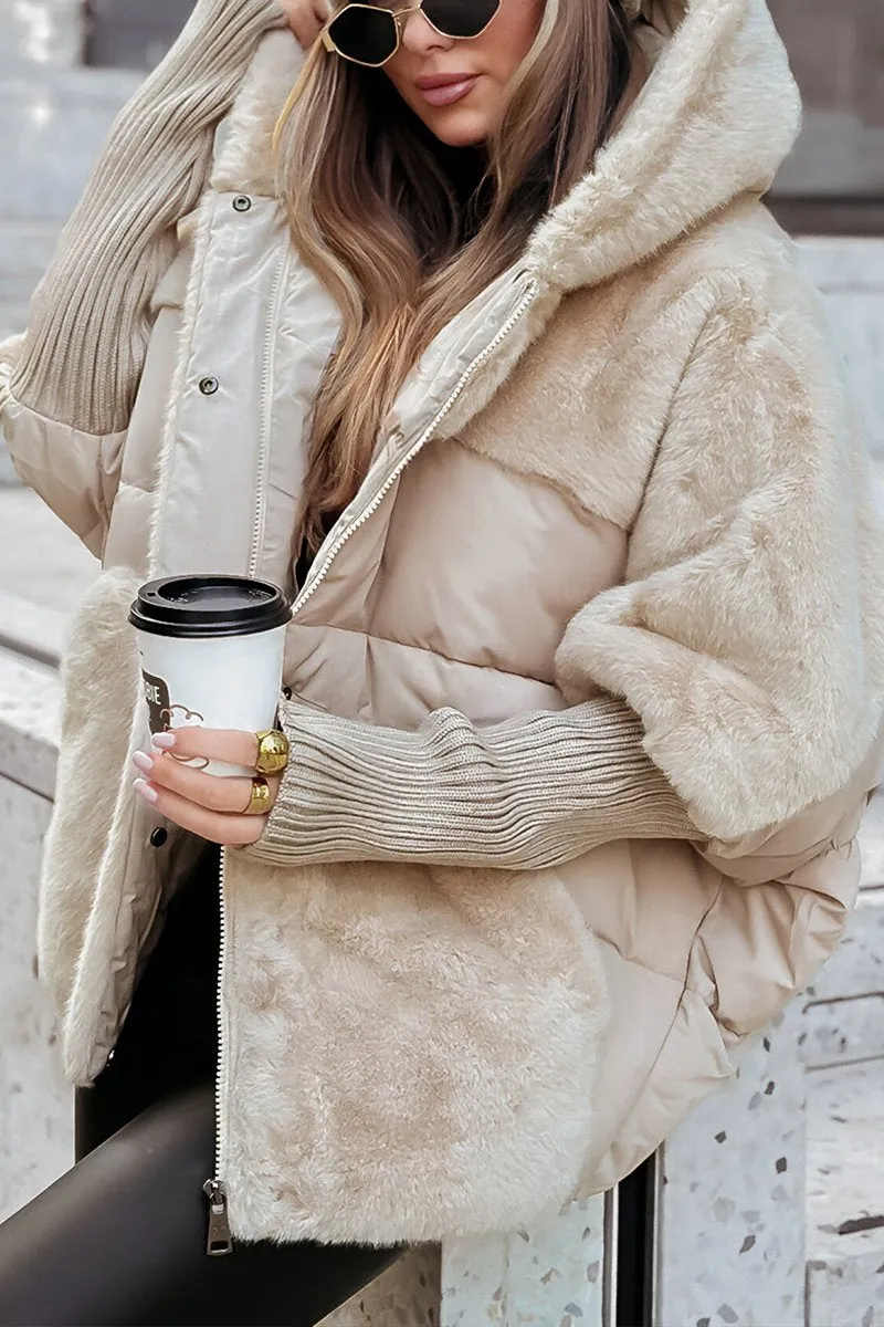 Women's Water-Repellent Quilted Hooded Winter Coat with Wind Flap in Beige