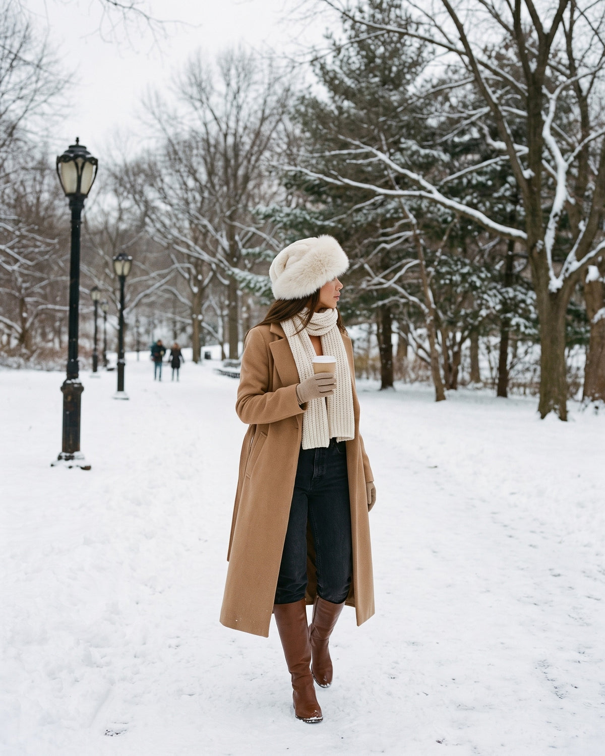Ivory Faux Fur Hat with Wide Rolled Brim — worn on a snowy walk in Central Park, New York