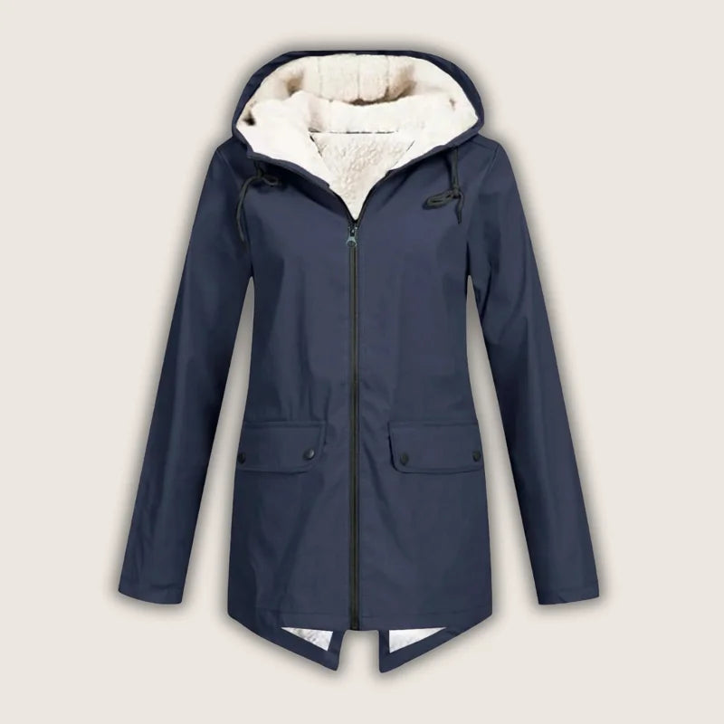 Women's Sherpa-Lined Waterproof Hooded Rain Parka in Navy