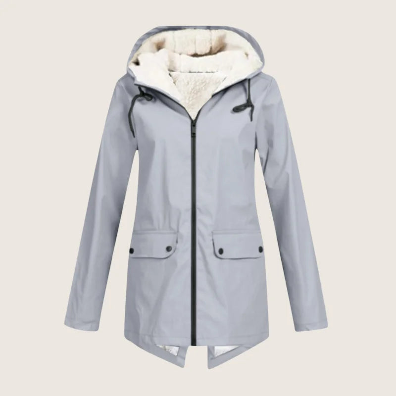 Women's Sherpa-Lined Waterproof Hooded Rain Parka in Gray