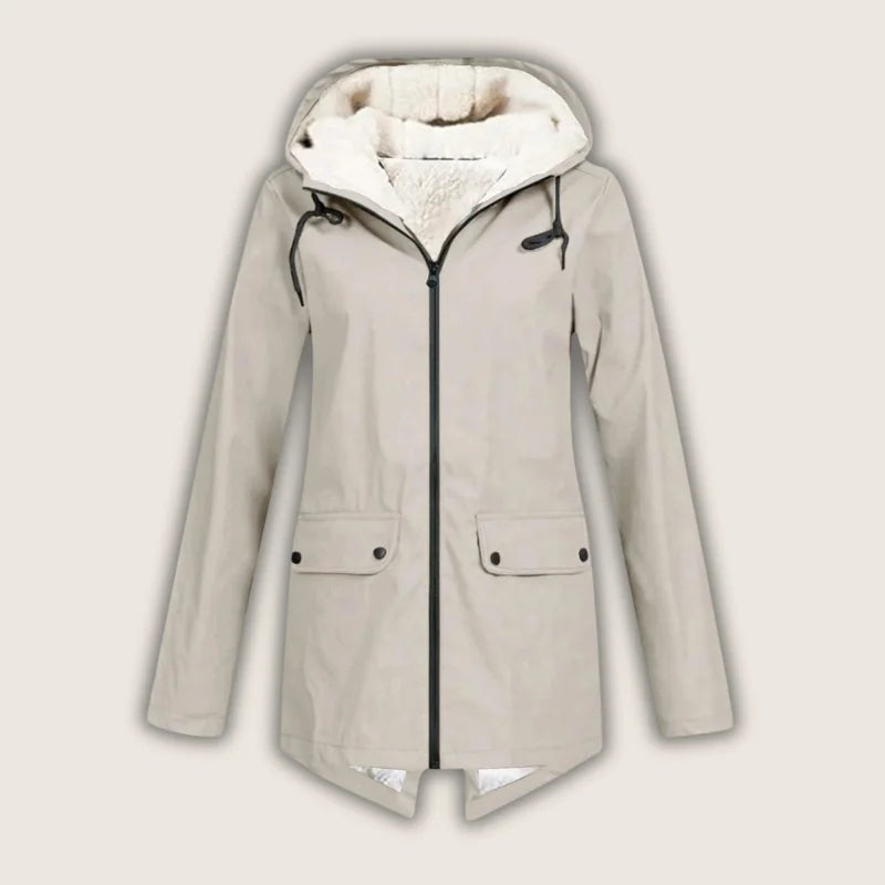 Women's Sherpa-Lined Waterproof Hooded Rain Parka in Beige