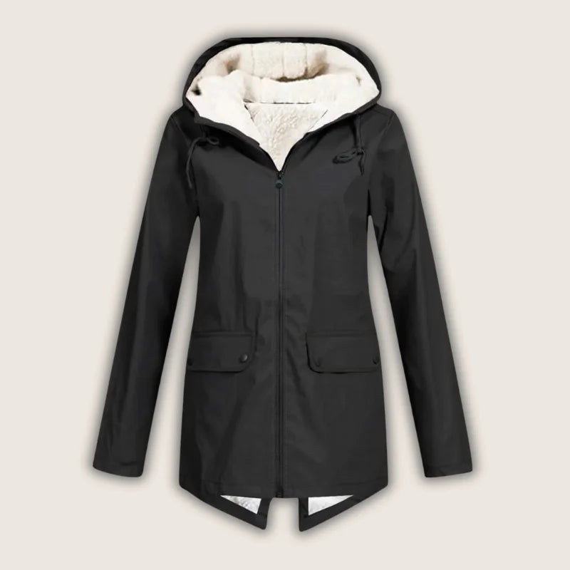 Women's Sherpa-Lined Waterproof Hooded Rain Parka in Black