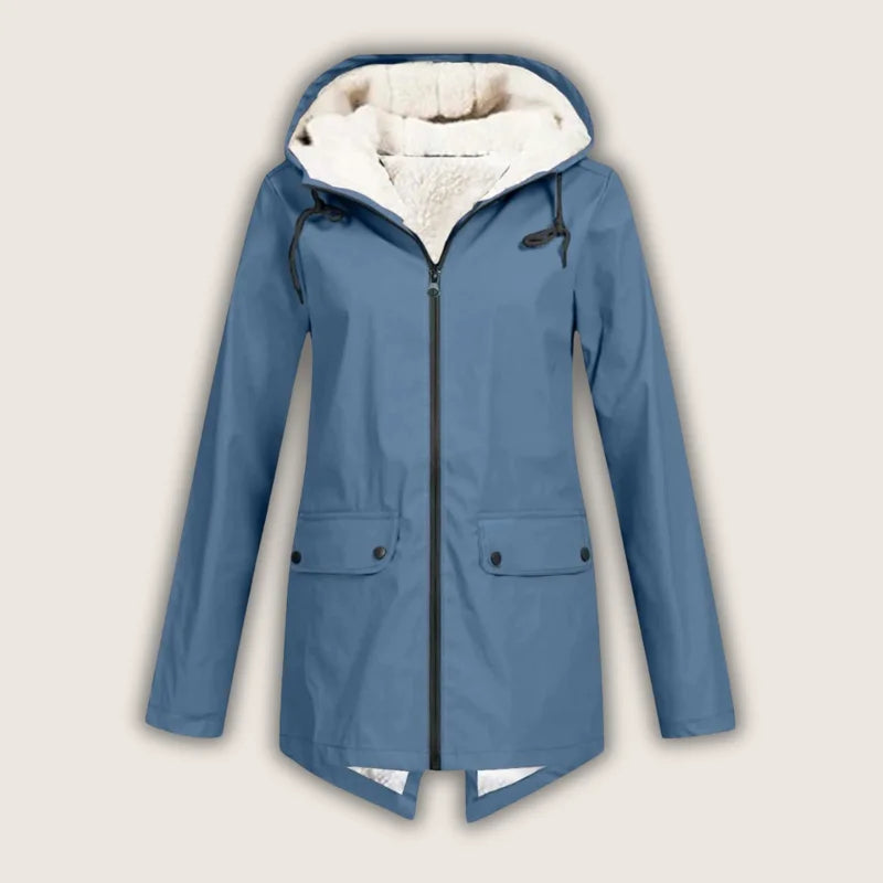 Women's Sherpa-Lined Waterproof Hooded Rain Parka in Blue