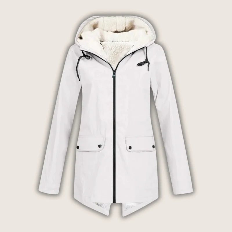 Women's Sherpa-Lined Waterproof Hooded Rain Parka in White