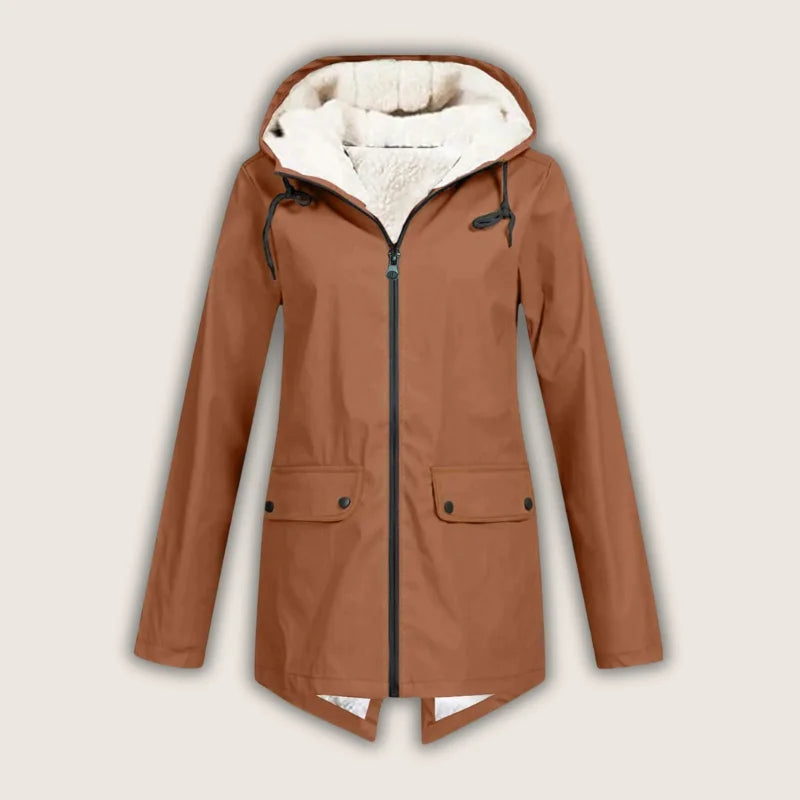 Women's Sherpa-Lined Waterproof Hooded Rain Parka in Burnt Orange