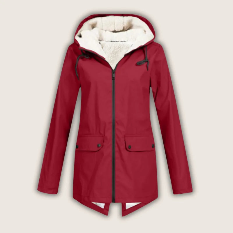 Women's Sherpa-Lined Waterproof Hooded Rain Parka in Red