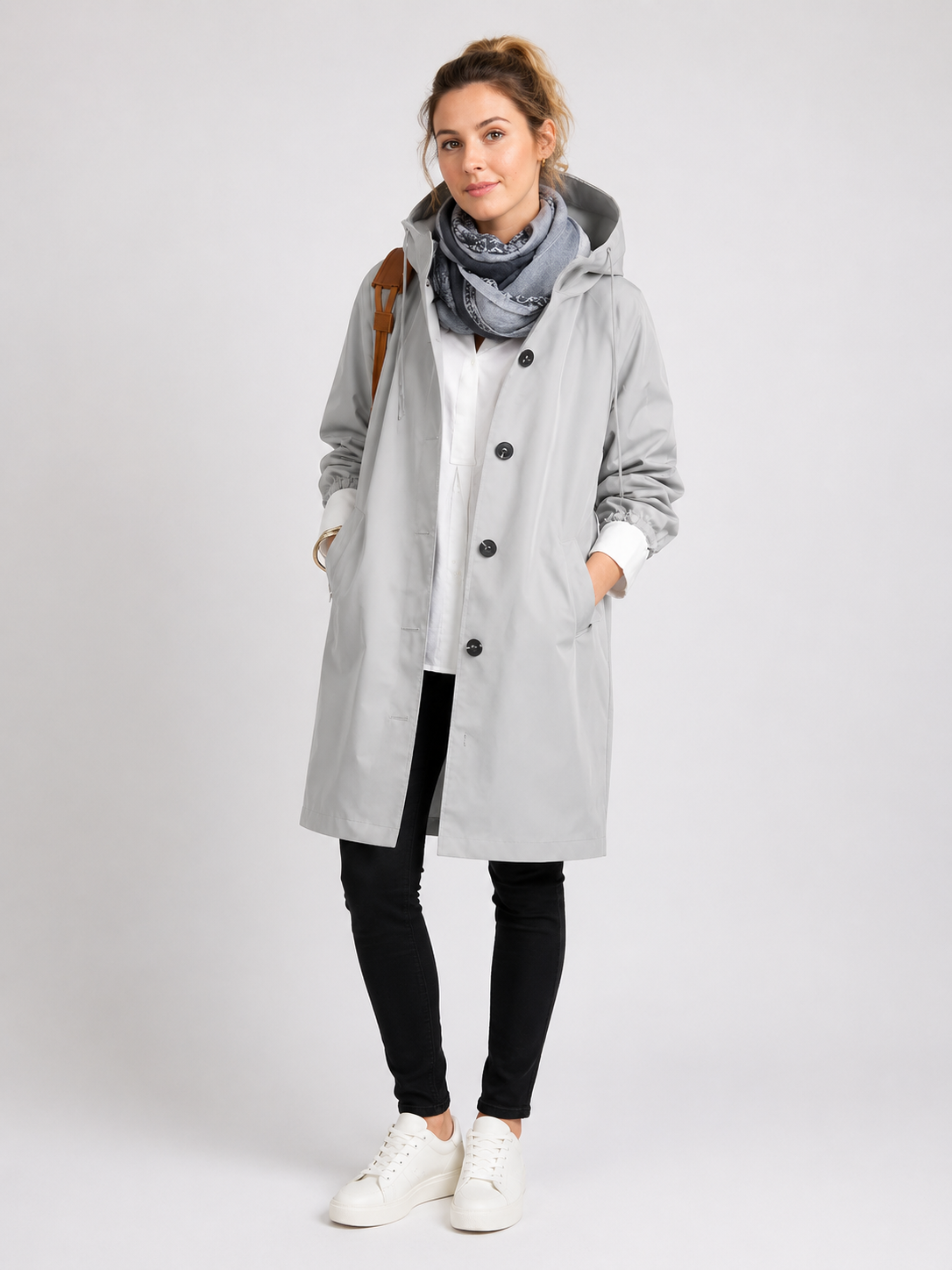 Women's Waterproof Lightweight Rain Jacket with Adjustable Hood in Light Gray