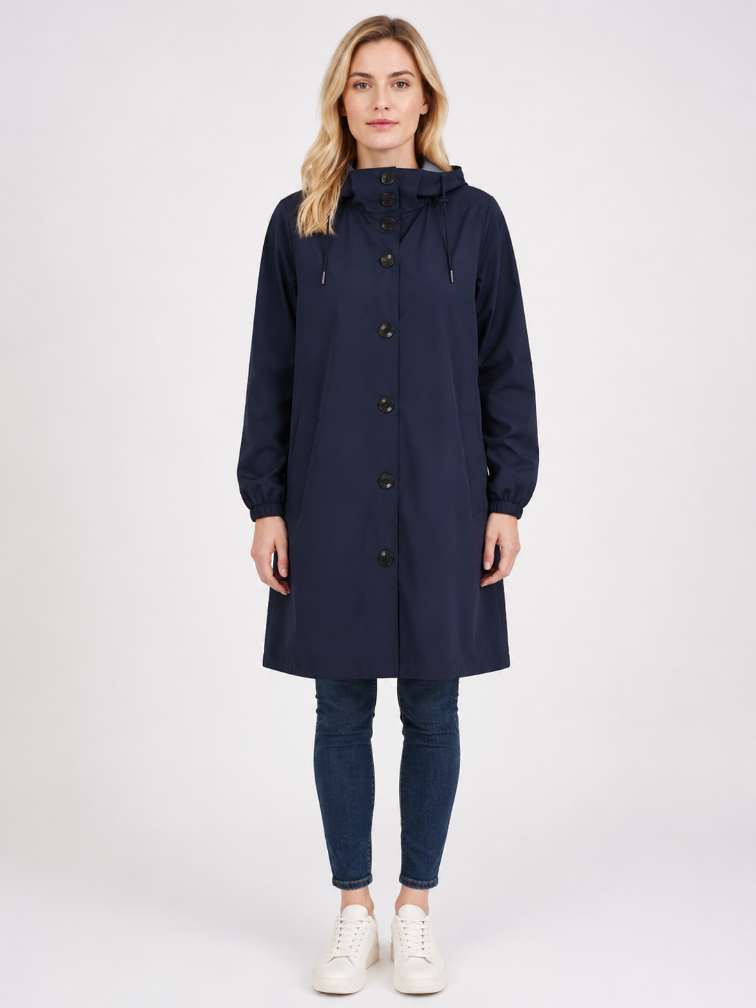 Women's Waterproof Lightweight Rain Jacket with Adjustable Hood in Dark Blue