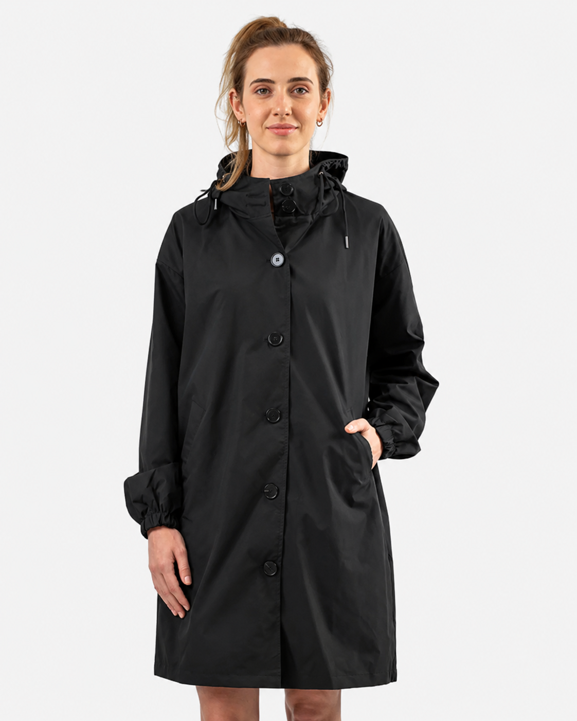 Women's Waterproof Lightweight Rain Jacket with Adjustable Hood in Black