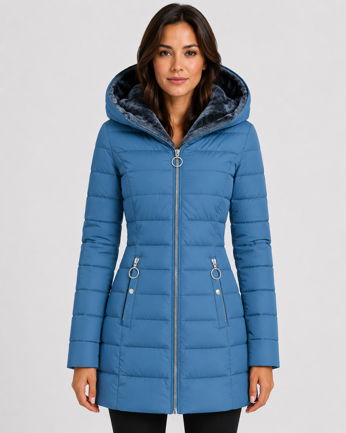 Women's Waterproof Longline Winter Jacket with Plush Lining and Hood in Blue