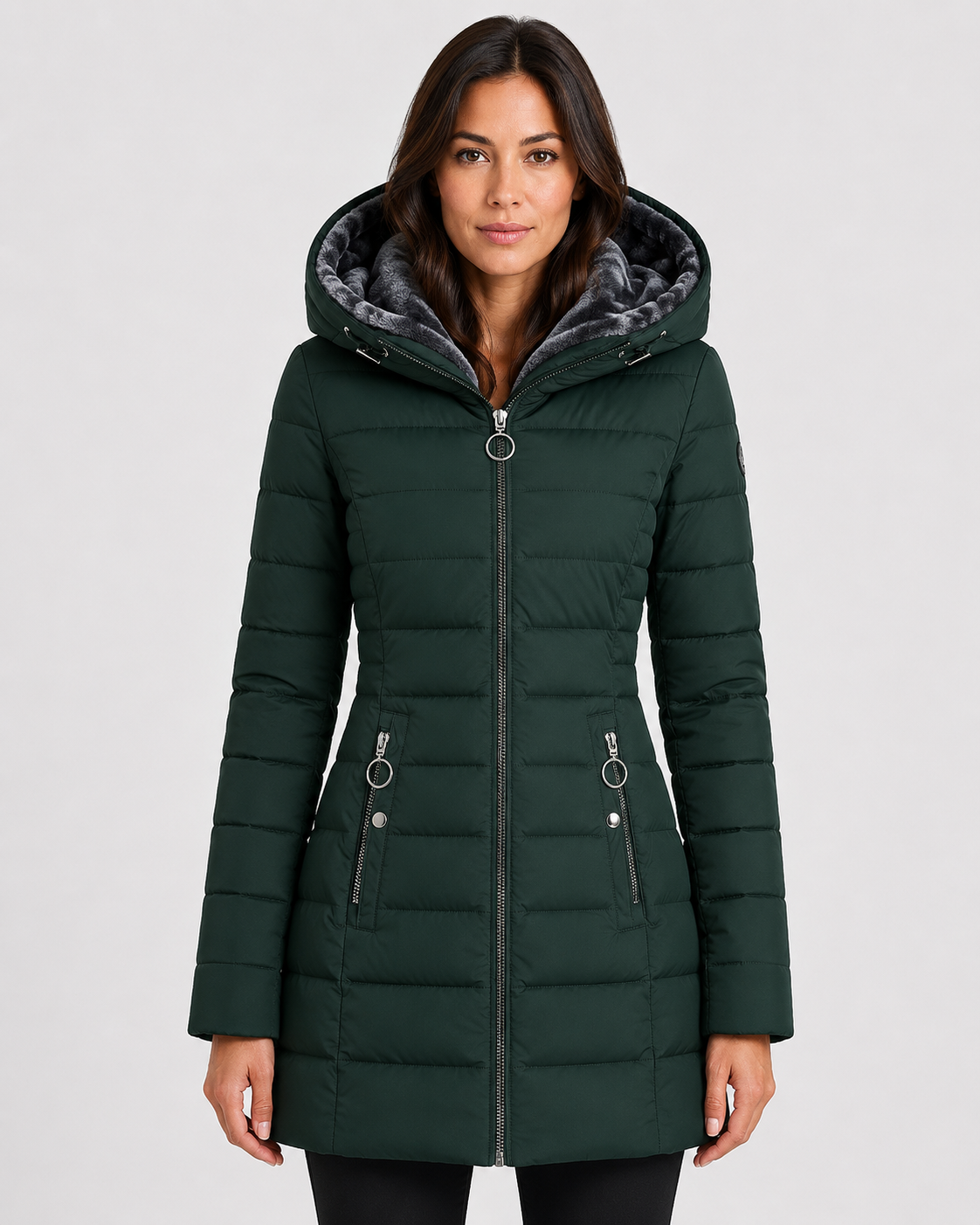 Women's Waterproof Longline Winter Jacket with Plush Lining and Hood in Dark Green
