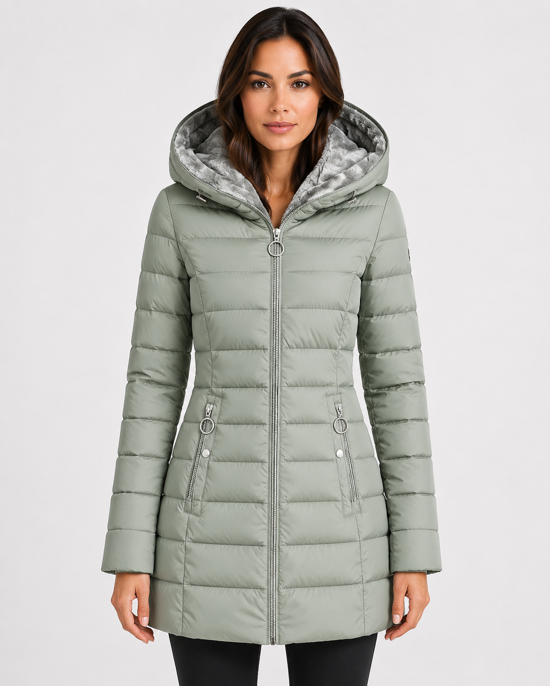 Women's Waterproof Longline Winter Jacket with Plush Lining and Hood in Light Green