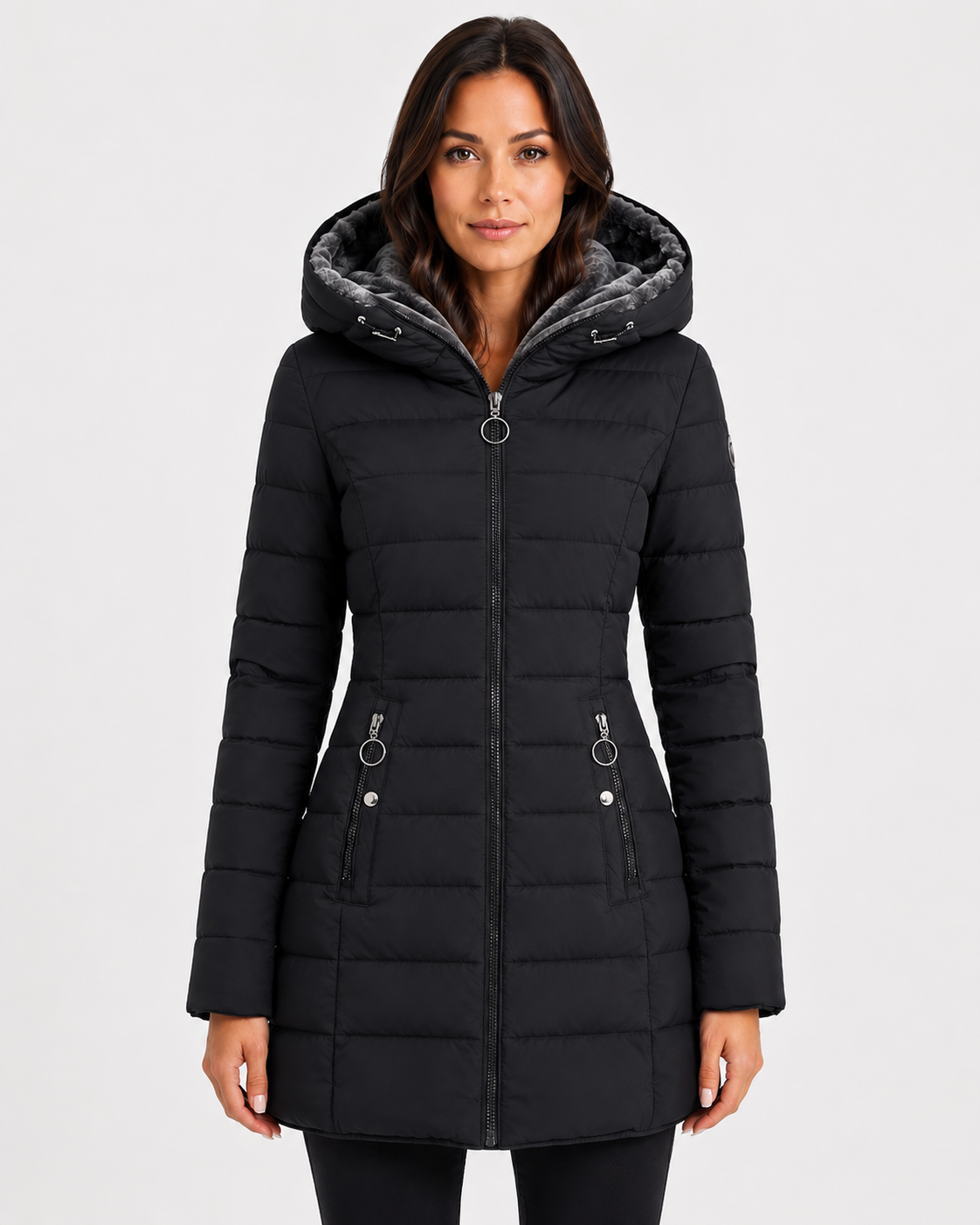 Women's Waterproof Longline Winter Jacket with Plush Lining and Hood in Black
