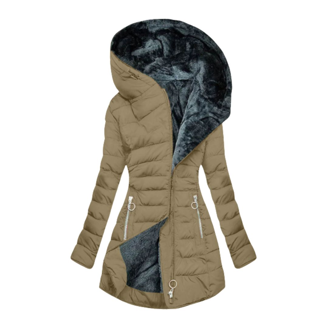 Women's Waterproof Longline Winter Jacket with Plush Lining and Hood in Khaki