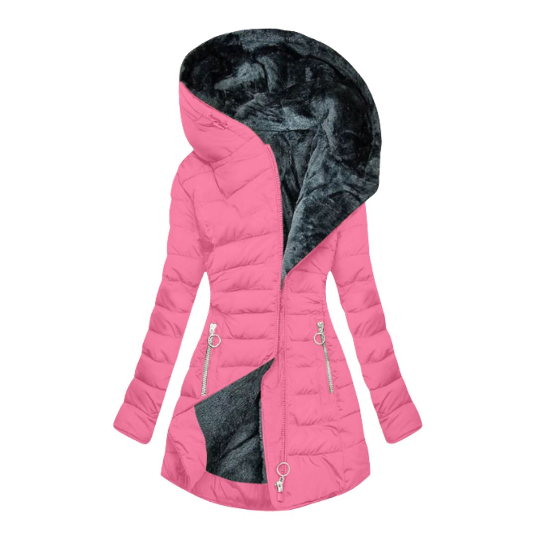 Women's Waterproof Longline Winter Jacket with Plush Lining and Hood in Pink