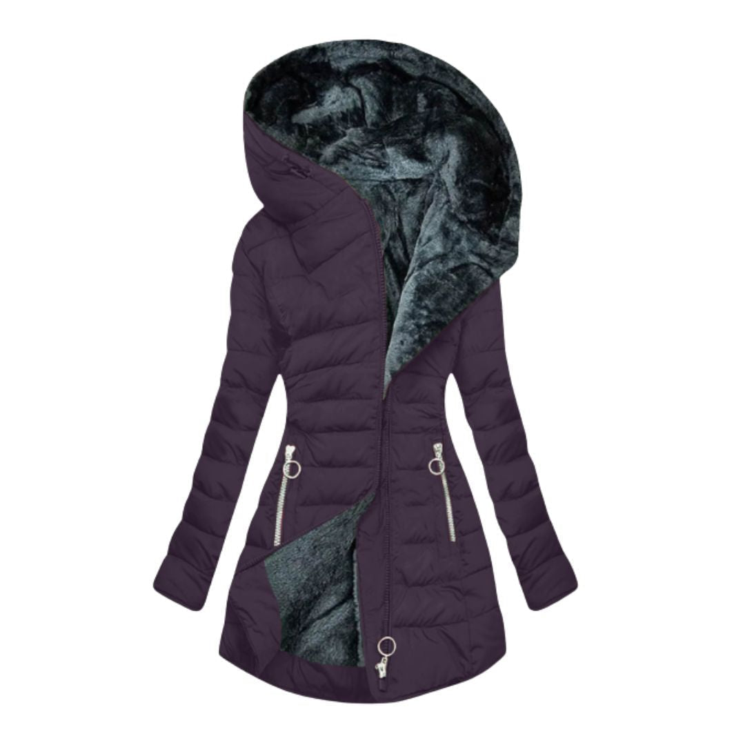 Women's Waterproof Longline Winter Jacket with Plush Lining and Hood in Purple