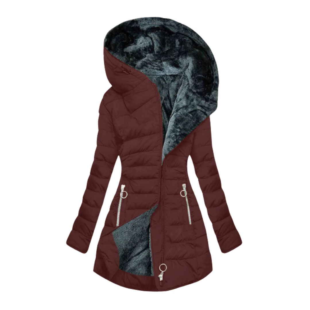 Women's Waterproof Longline Winter Jacket with Plush Lining and Hood in Red