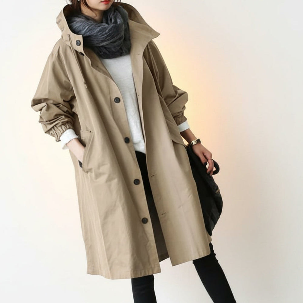 Women's Belted Waterproof Hooded Trench Coat in Khaki