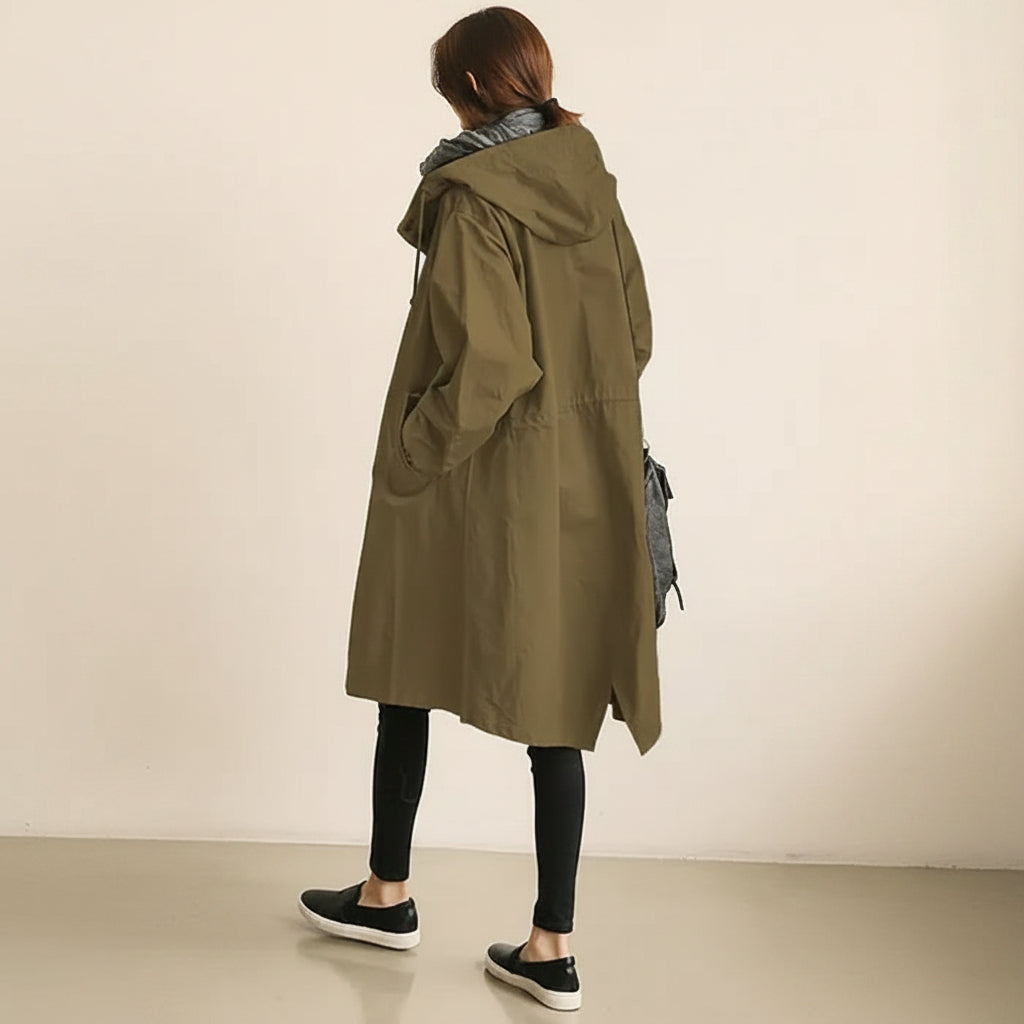 Women's Belted Waterproof Hooded Trench Coat in Green