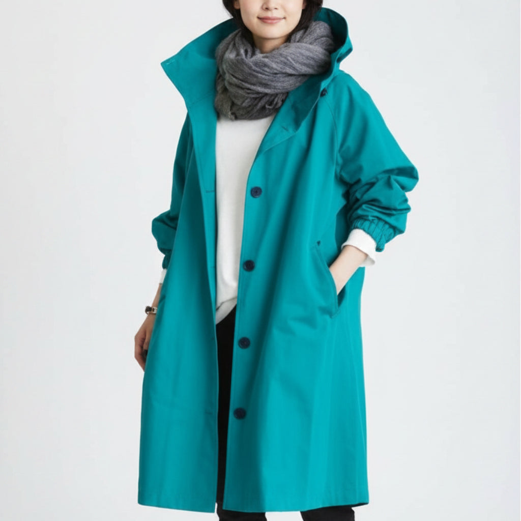 Women's Belted Waterproof Hooded Trench Coat in Blue