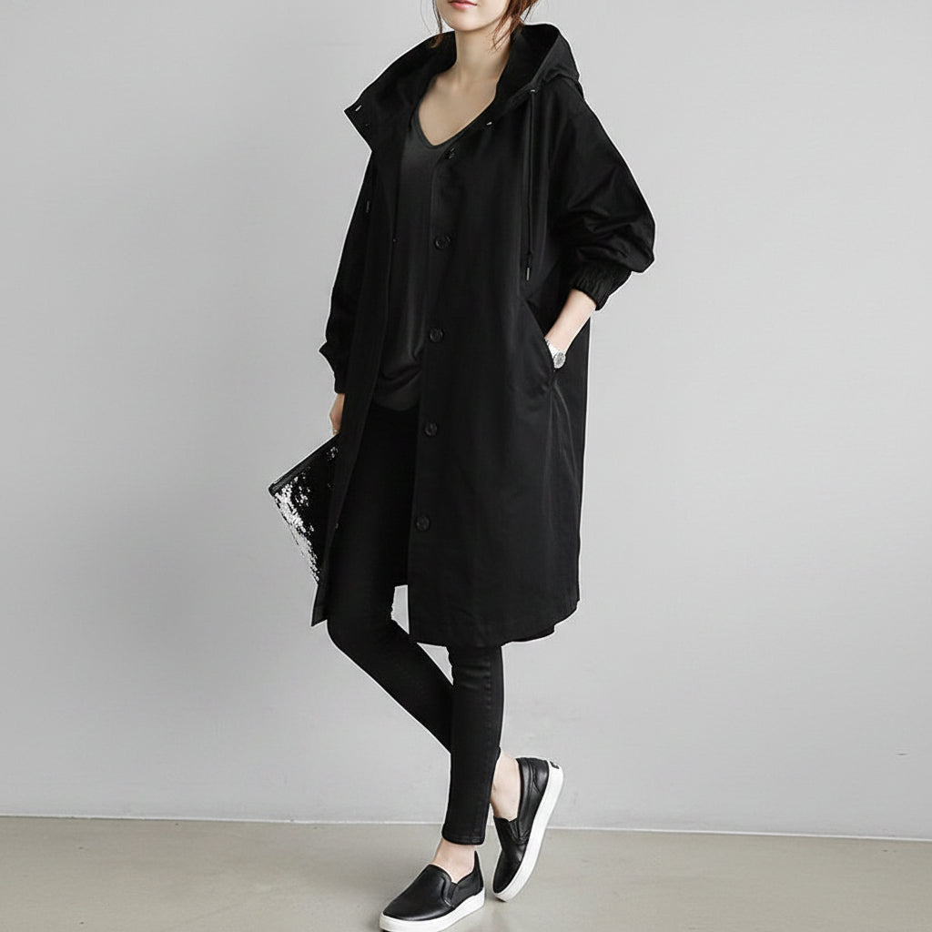 Women's Belted Waterproof Hooded Trench Coat in Black