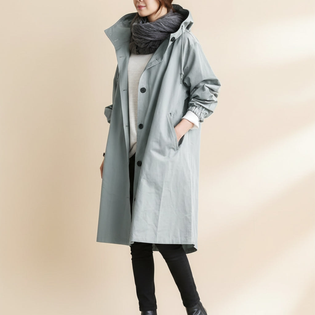 Women's Belted Waterproof Hooded Trench Coat in Light Gray