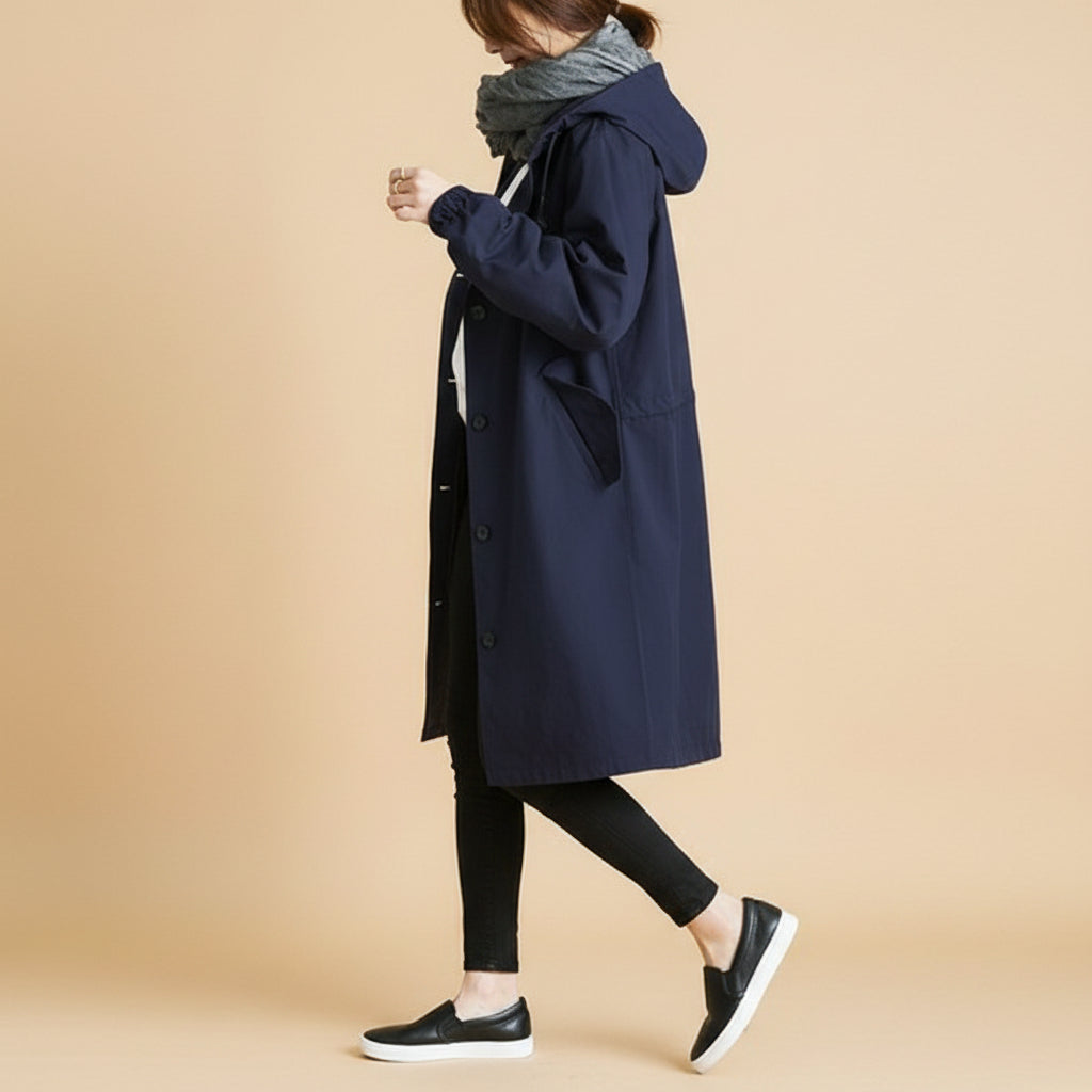 Women's Belted Waterproof Hooded Trench Coat in Navy Blue
