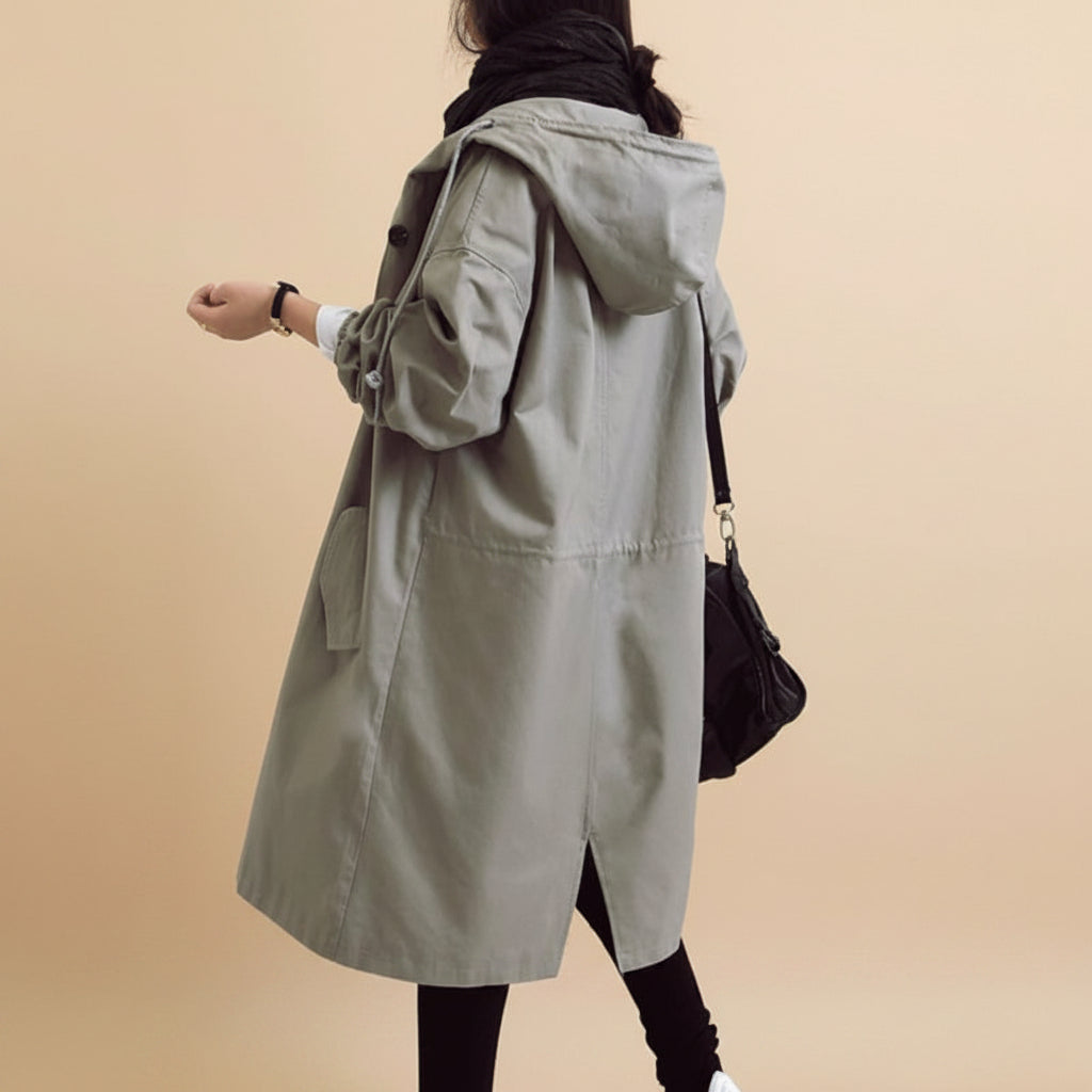 Women's Belted Waterproof Hooded Trench Coat in Gray