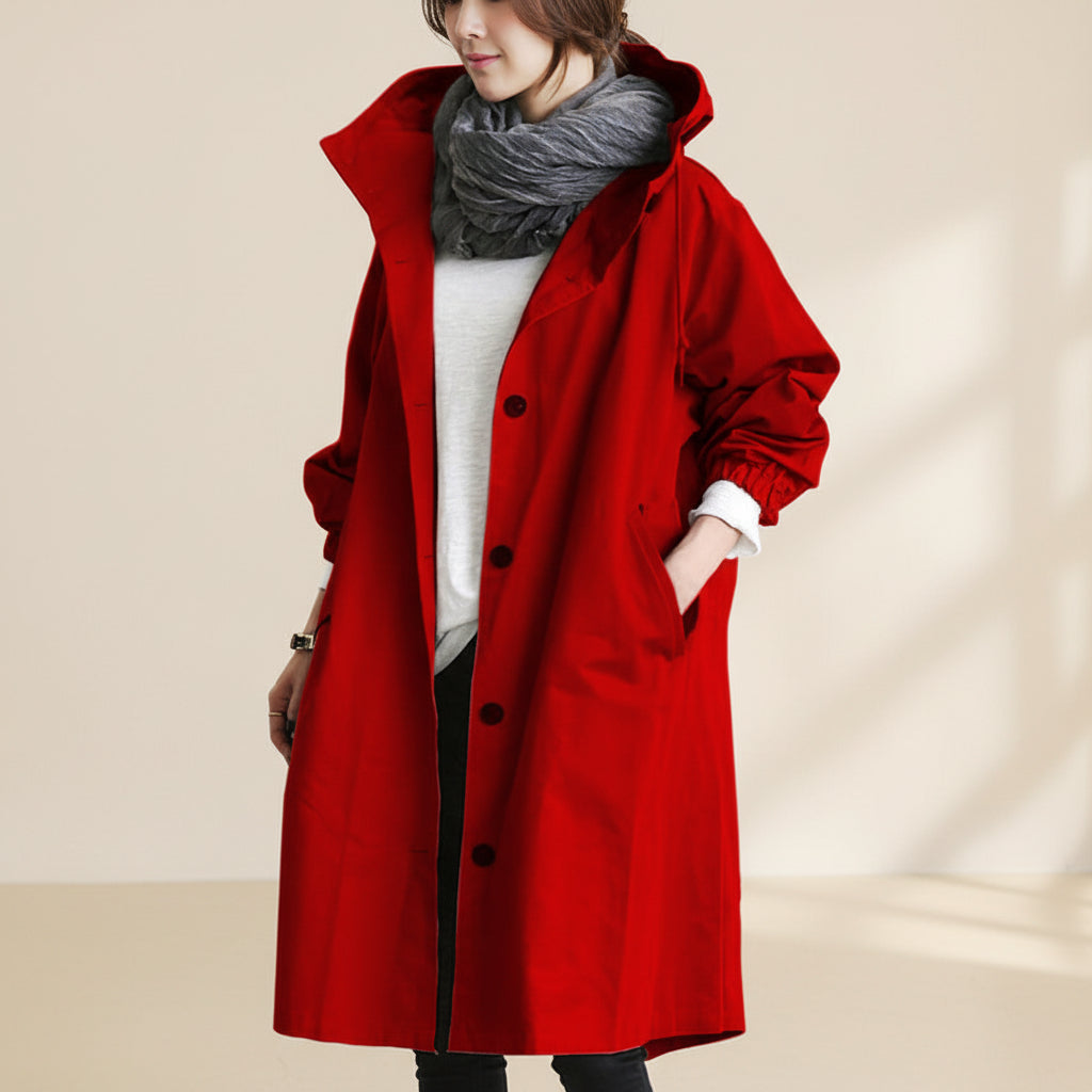 Women's Belted Waterproof Hooded Trench Coat in Red