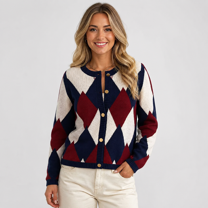 Women's Argyle Cardigan, Crew Neck Button Front Knit Sweater