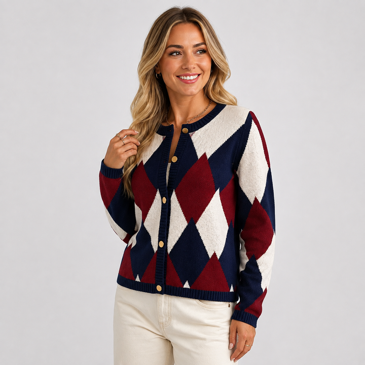Women's Argyle Cardigan, Crew Neck Button Front Knit Sweater