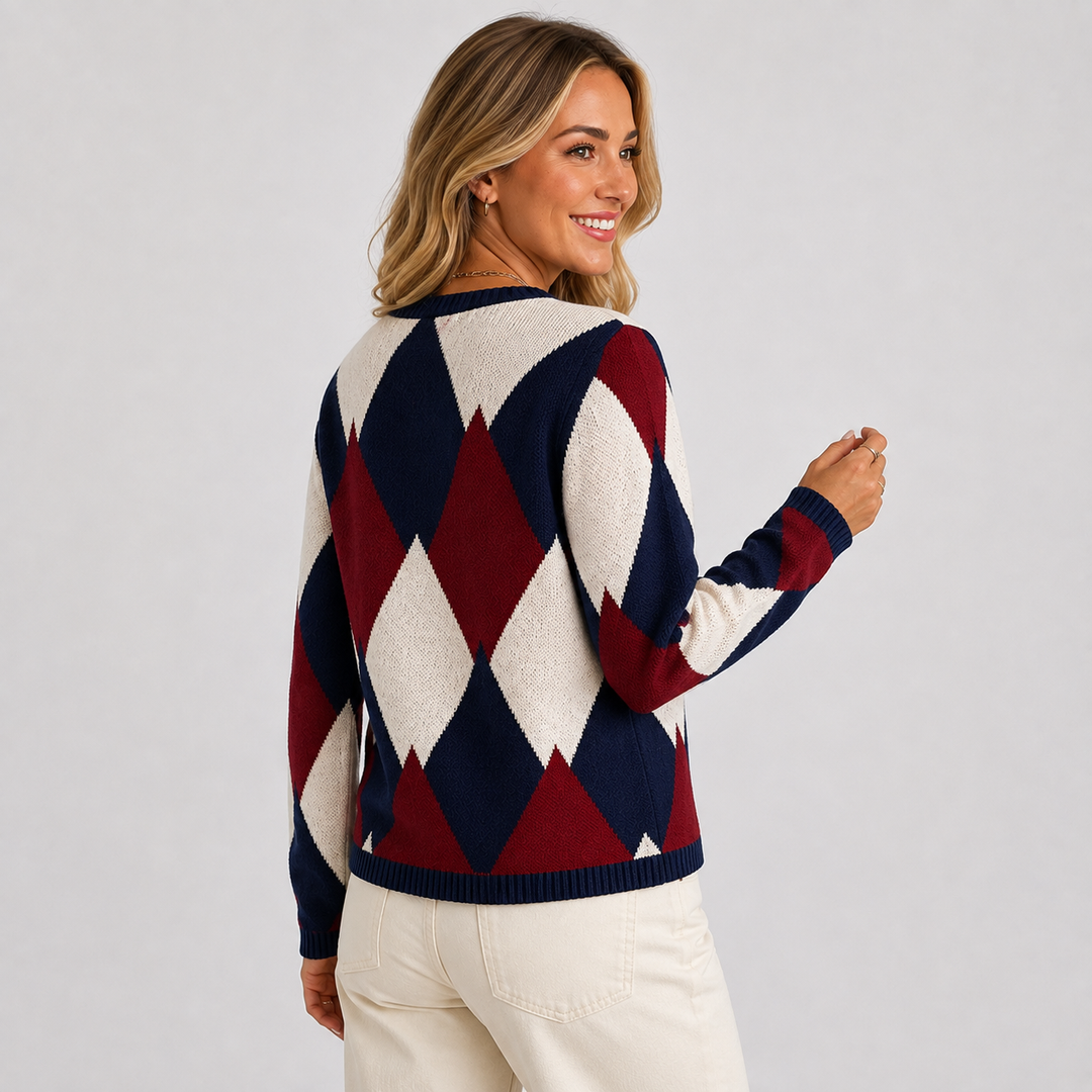 Women's Argyle Cardigan, Crew Neck Button Front Knit Sweater