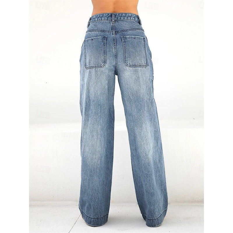 Women's Wide Leg Jeans, High Waisted Loose Fit Blue Denim