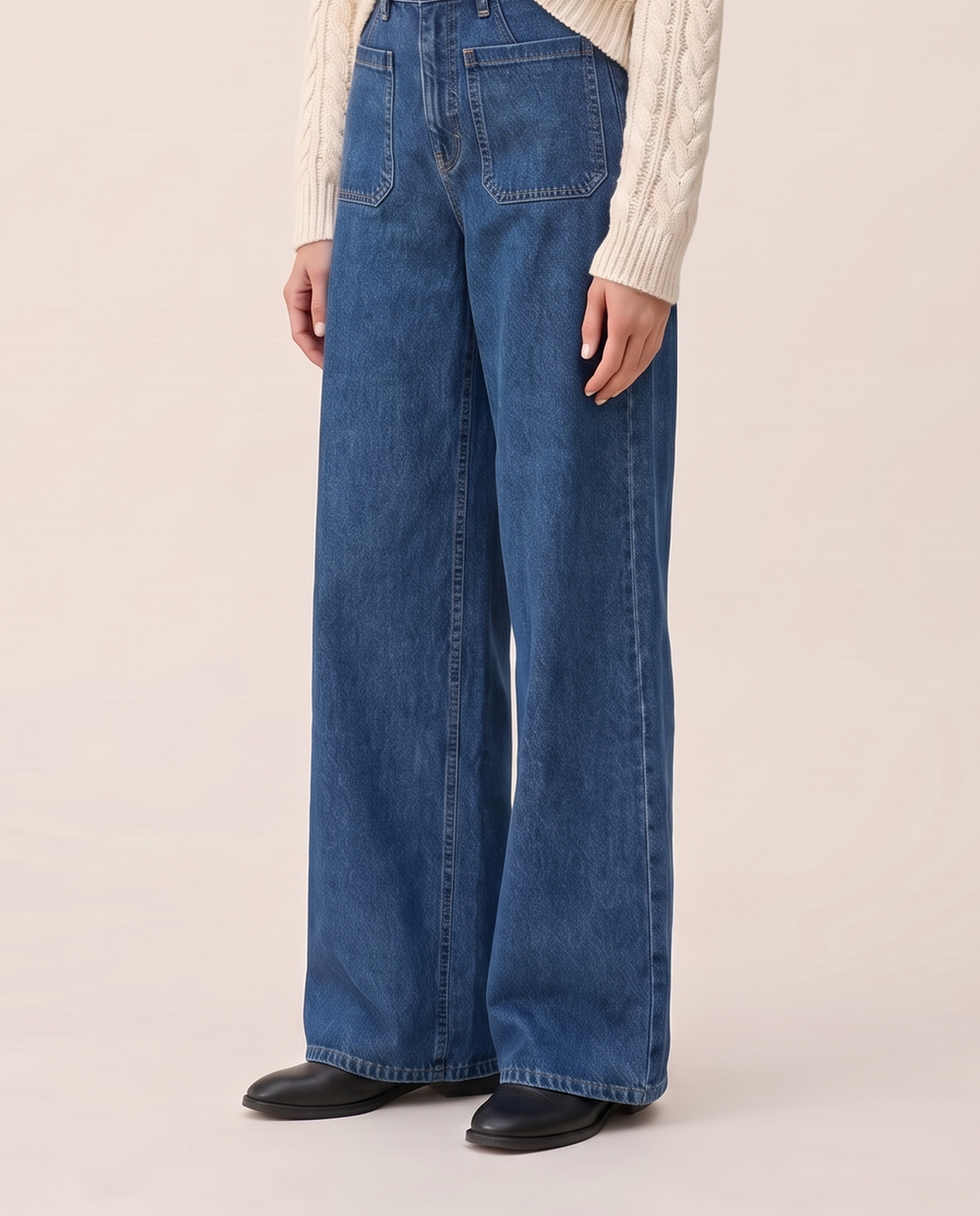 Wide-leg jeans with patch pockets, waist-down view