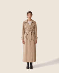 Belted Maxi Trench Coat for Women — studio front, belted