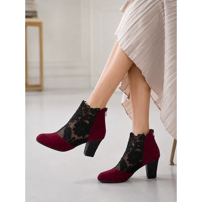Women's Ankle Boots, Floral Lace Block Heel Booties with Side Zip