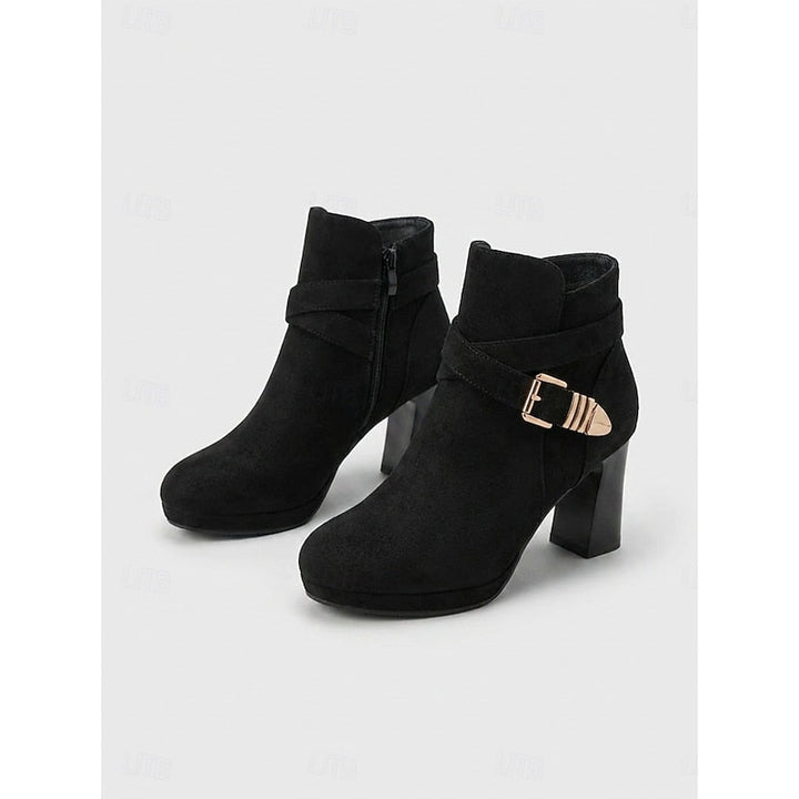 Women's Ankle Boots, Buckle Strap Block Heel Round Toe Booties