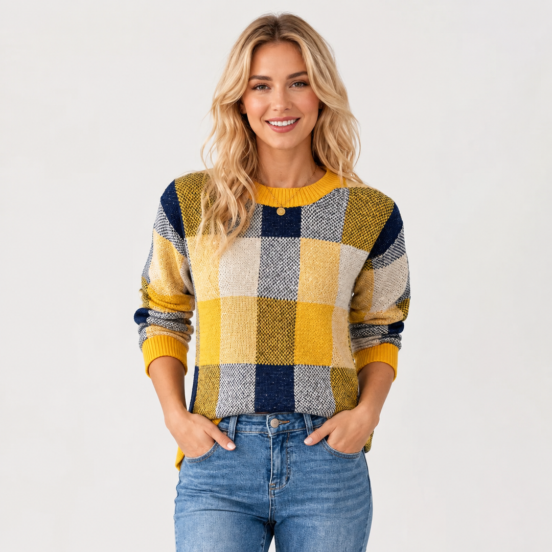 Women's Patchwork Sweater, Crew Neck Colorblock Knit Pullover