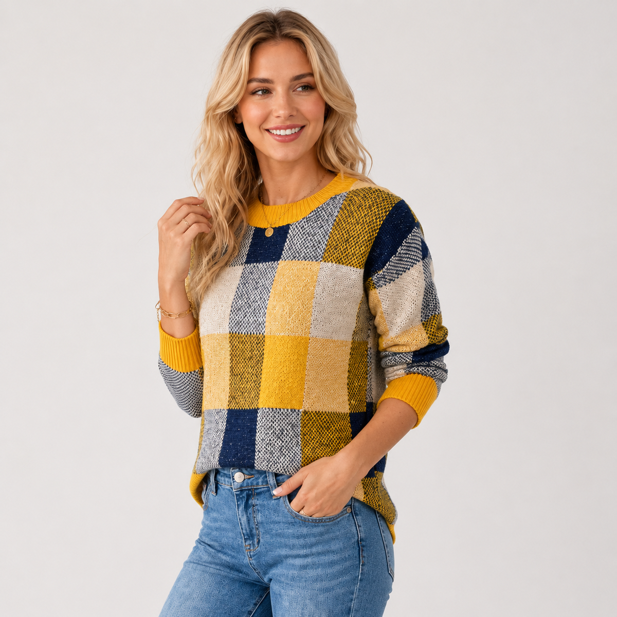 Women's Patchwork Crew Neck Knit Sweater in Chocolate