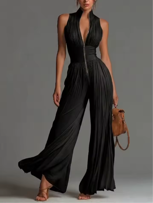 Women's Pleated Halter Neck Wide-Leg Jumpsuit in Black