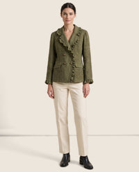 Floral Embroidered Utility Jacket with Ruffle Trim — studio front