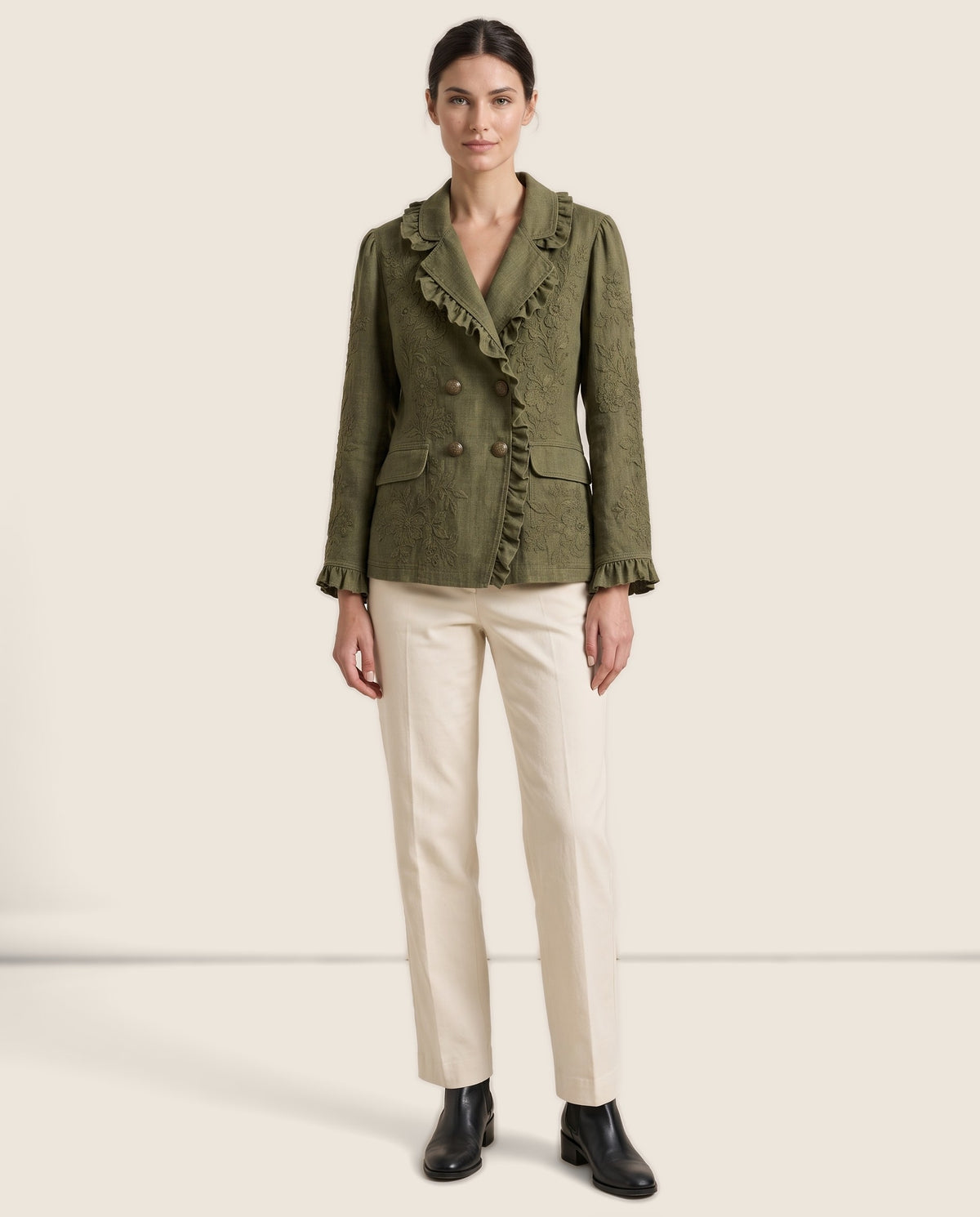 Floral Embroidered Utility Jacket with Ruffle Trim — studio front