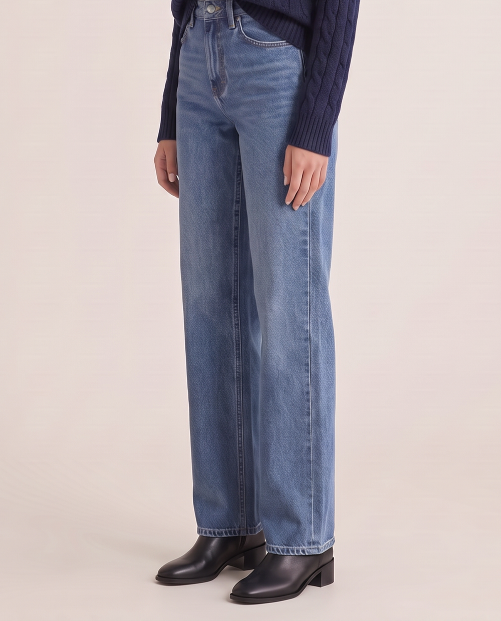 High-rise straight wide-leg jeans, waist-down view