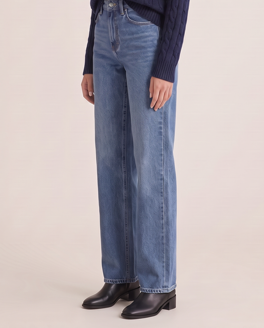 High-rise straight wide-leg jeans, waist-down view
